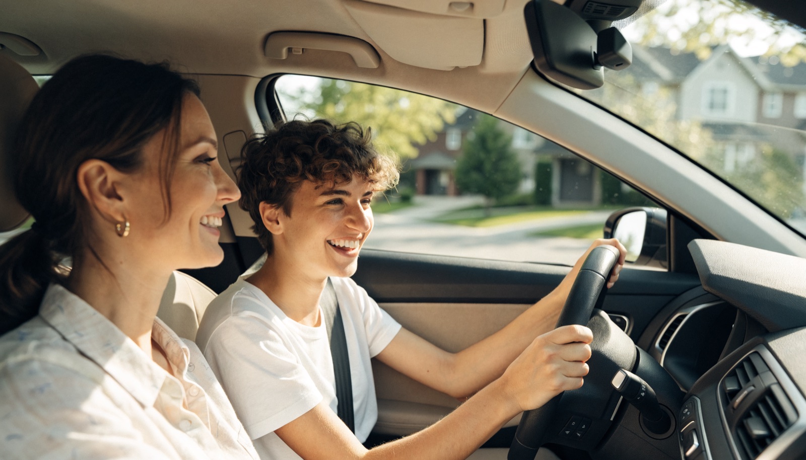 A friendly driving instructor coaching a smiling young student driver on a quiet Windsor street
