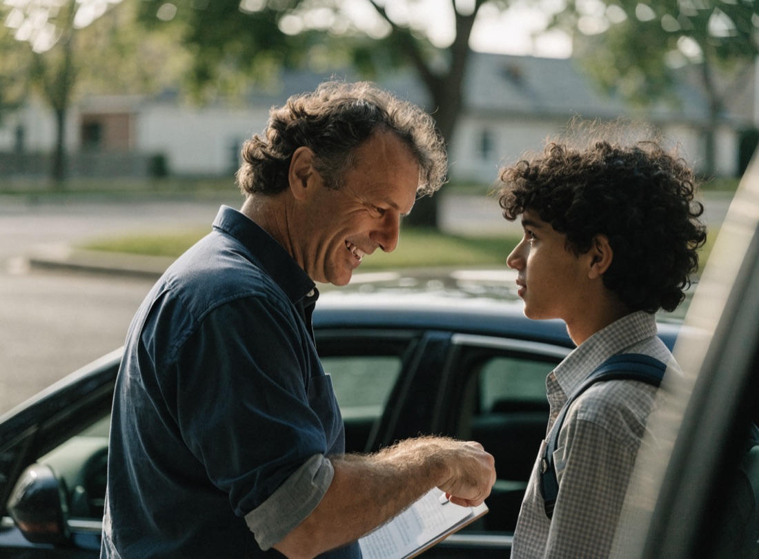 A patient IQ Driving School instructor encouraging a student beside the training car