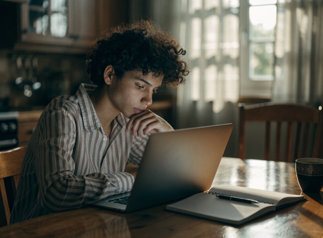 A student completing the online driving-theory course on a laptop at home
